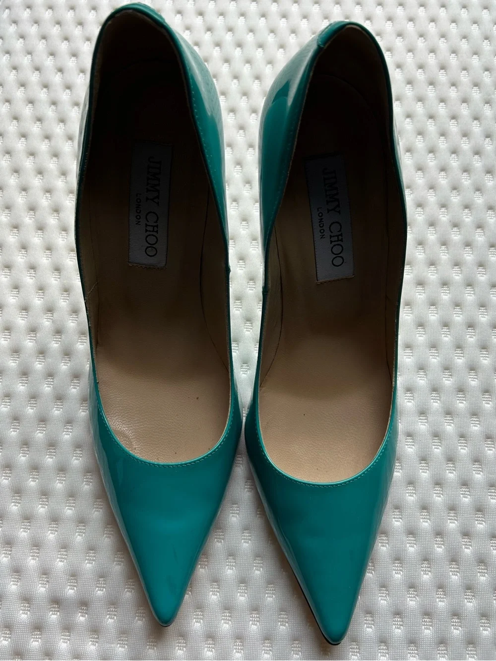 Jimmy Choo Anouk 120 Azora Turquoise Patent Leather Pumps IT 38 US 8